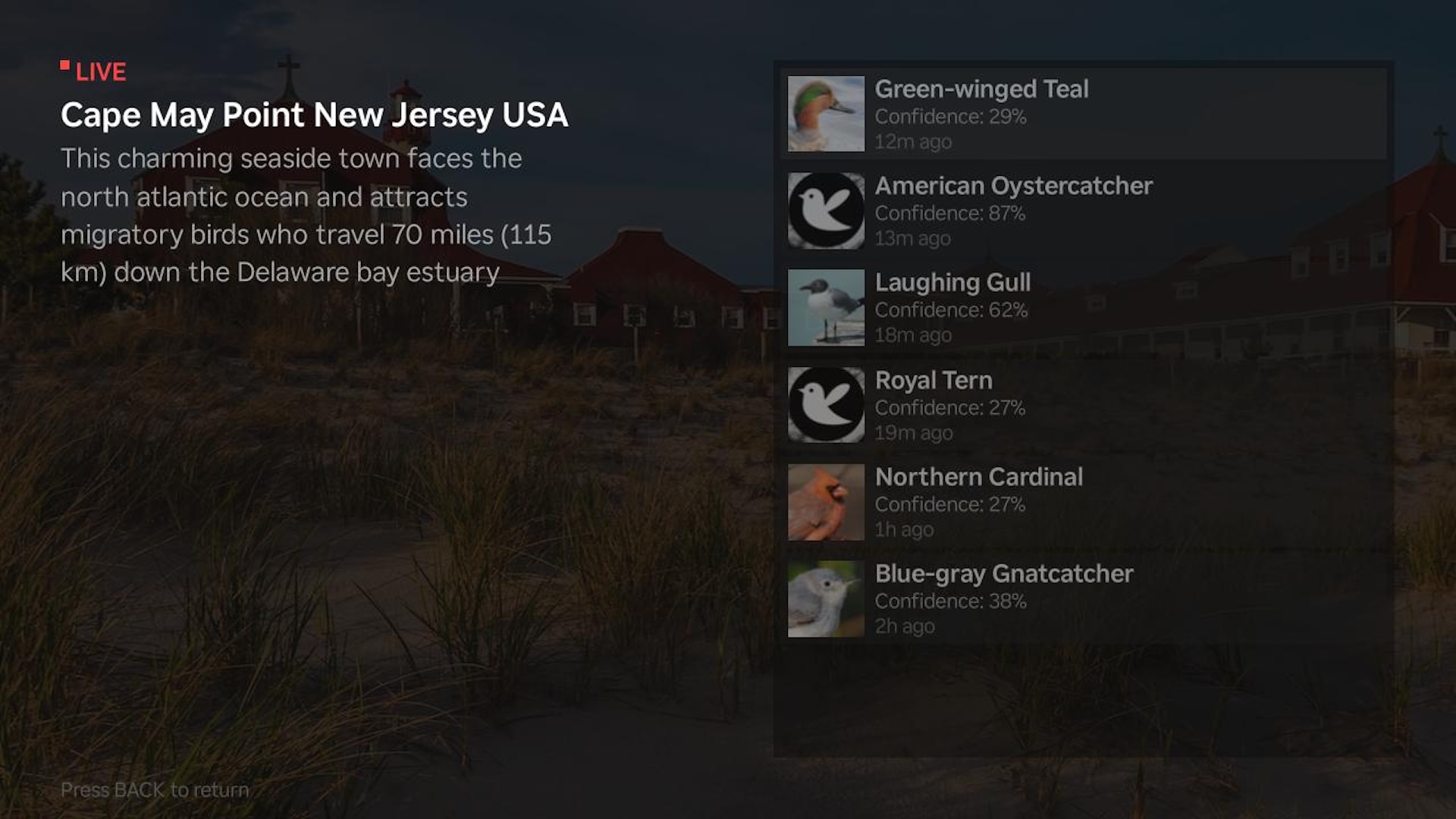 Terra Listens on Roku - Live stream with real-time bird identifications